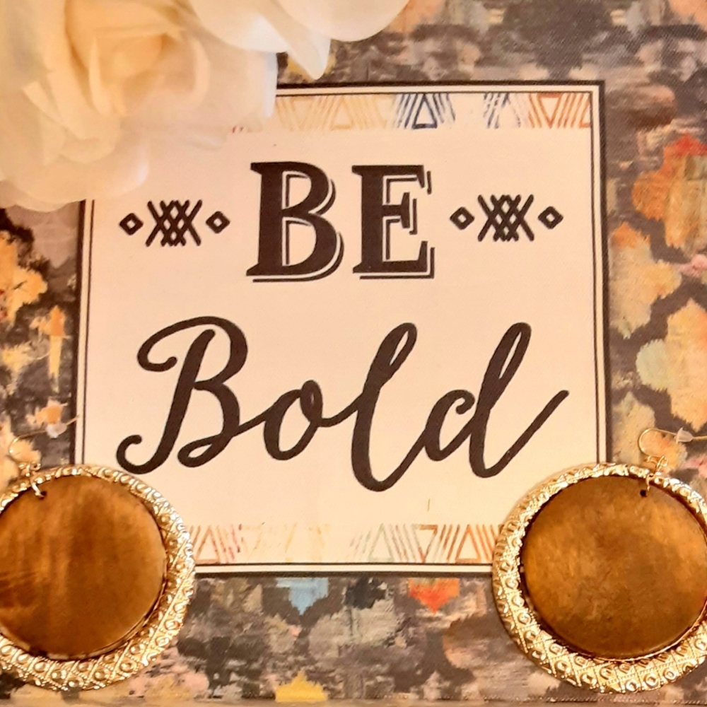Wood with Gold Circle Earrings